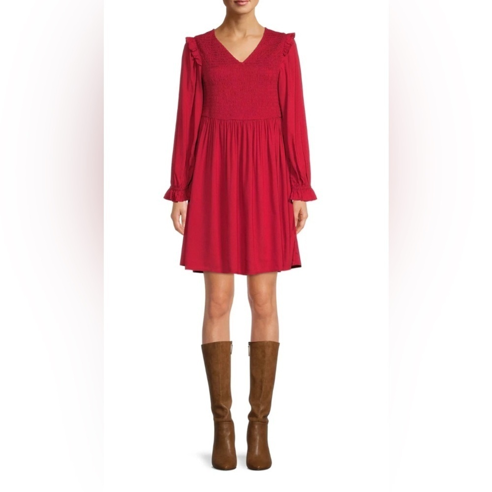 Beach Lunch Lounge Long Sleeve Smocked Babydoll Red A-line Dress V-neck Boho XXL - Picture 3 of 10